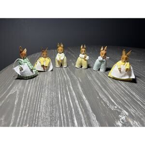 6 Vntg LOTTE SIEVERS HAHN German Hand Carved Wood Bunny Rabbit Doll Family HUBAO